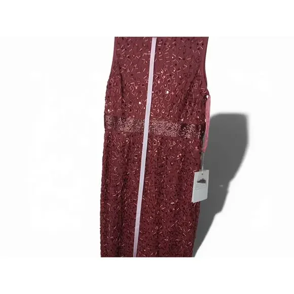 New with Tags Mac Duggal 93758 Beaded Midi Dress Jewel Neck Burgundy Size 8 - Picture 8 of 16